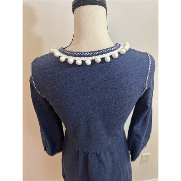 Boden Dress Size 4 Blue Cotton Pockets Pom Pom Accent Long Sleeve - Picture 8 of 11
